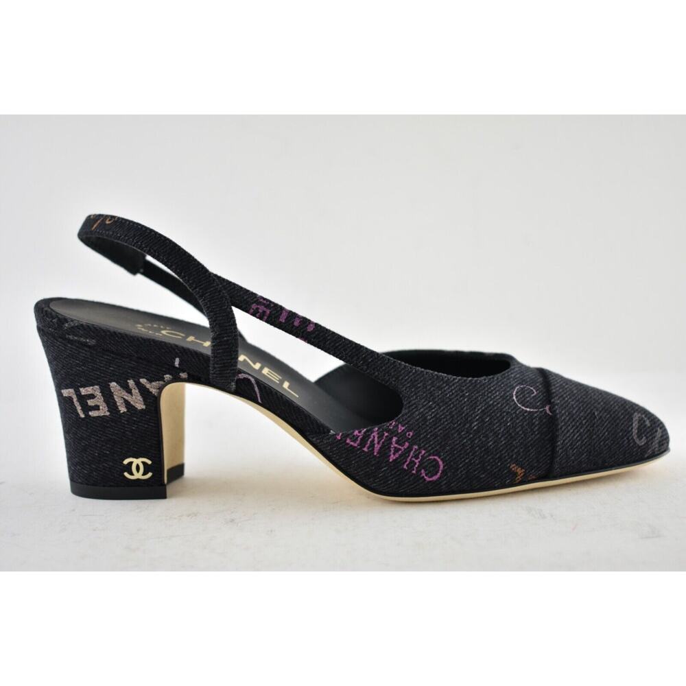Chanel 22P Mademoiselle Coco Sling CC Black Grey Denim Slingback Sandal Heel 40 - Picture 2 of 12